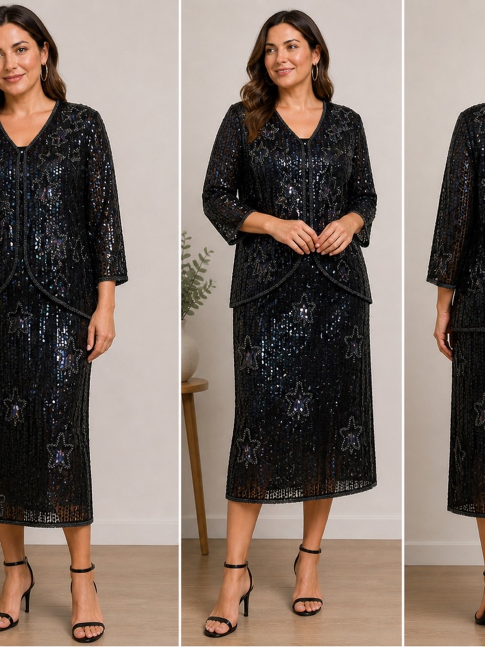 Vintage 100% Silk and Sequin Black Midi Skirt Set with Jacket